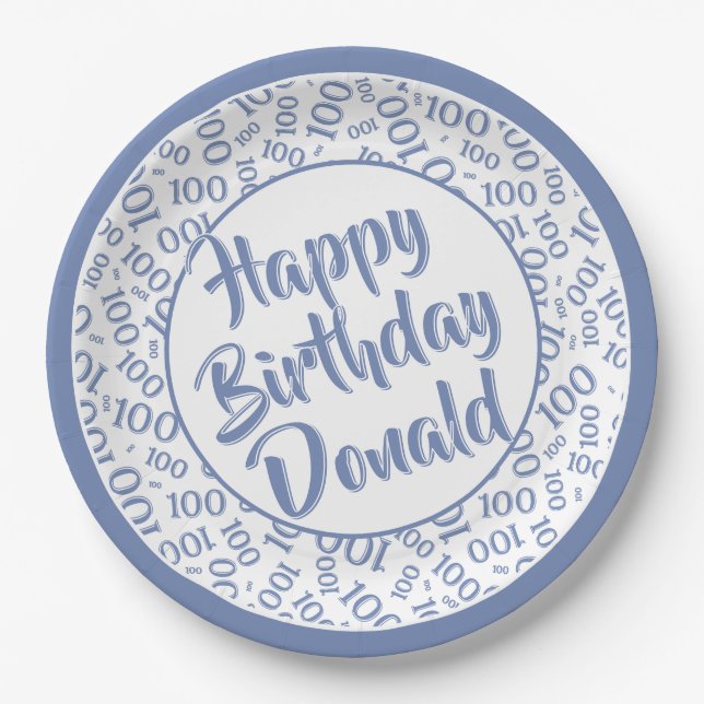 100th Party Random Number Pattern Blue/White Paper Plate (Front)