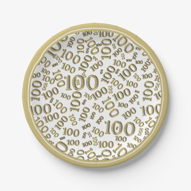 100th Party Random Number Pattern Gold/White Paper Plate (Front)