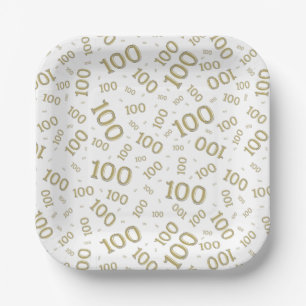 100th Party Random Number Pattern Gold/White Paper Plate