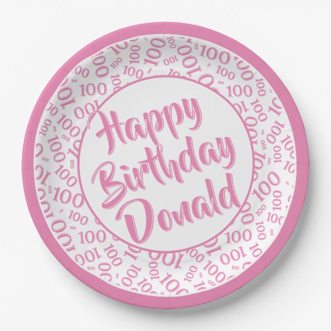 100th Party Random Number Pattern Pink/White Paper Plate (Front)