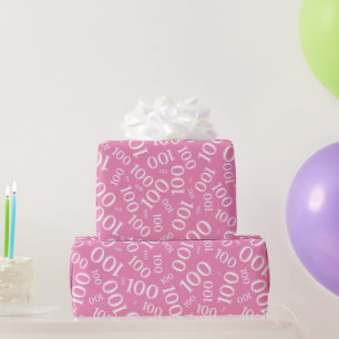 100th Pink/White Random Number Pattern Medium Wrapping Paper