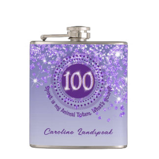 100th & Purple Glitter & Drinking Quote Hip Flask