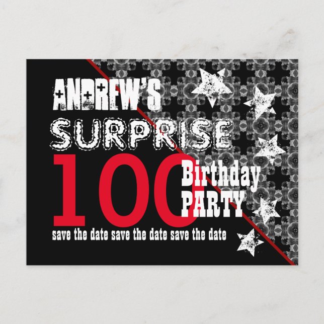 100th Surprise Birthday Save the Date Diagonal W74 Announcement Postcard (Front)