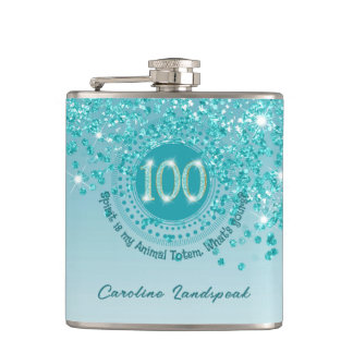 100th & Teal Blue Glitter & Drinking Quote Hip Flask
