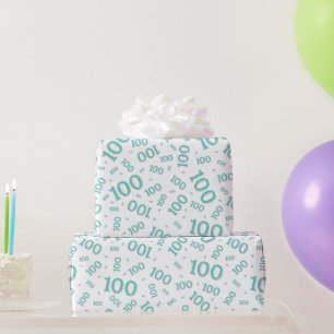 100th Teal/White Random Number Pattern Medium Wrapping Paper