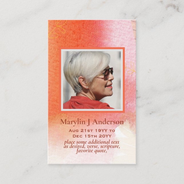 100x Arty Peach Orange PHOTO Prayer Memorial Card (Front)