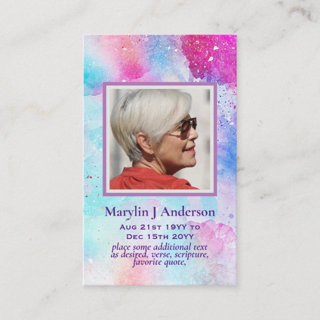 100x Arty Pink Blue  PHOTO Prayer Memorial Card (Front)