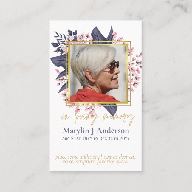100x Budget Pink Floral Photo Memorial Prayer Business Card (Front)
