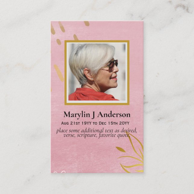 100x Elegant Pink Gold  PHOTO Prayer Memorial Card (Front)