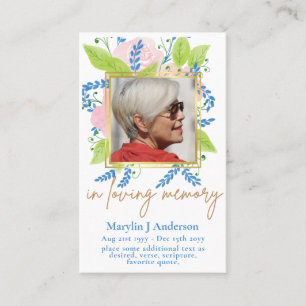 100x Pretty Blue Floral PHOTO Prayer Memorial Card