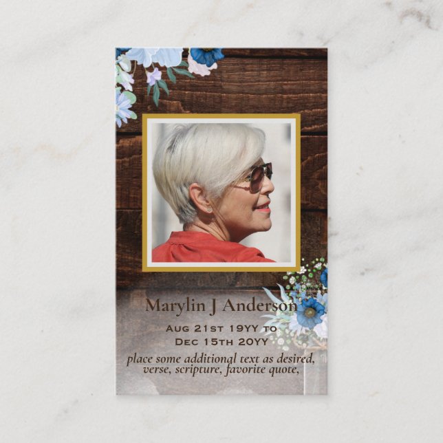 100x Rustic Blue Flora  PHOTO Prayer Memorial Card (Front)