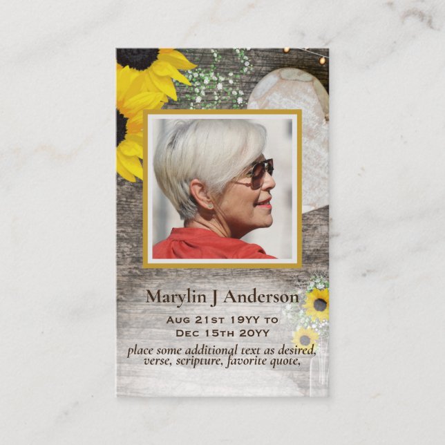 100x Rustic Sunflowers  PHOTO Prayer Memorial Card (Front)