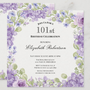 101st Birthday Invitation Elegant Purple Floral