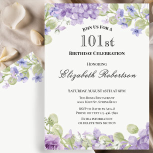 101st Birthday Invitation Elegant Purple Floral