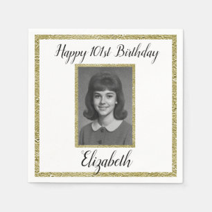 101st Birthday Napkins Custom Photo White Gold