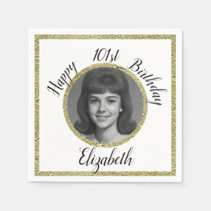 101st Birthday Napkins Custom Photo White Gold 
