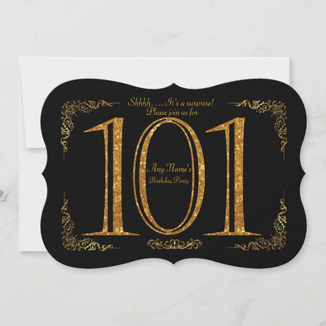 101st, Birthday party 101st, Gatsby, black & gold Invitation (Front)