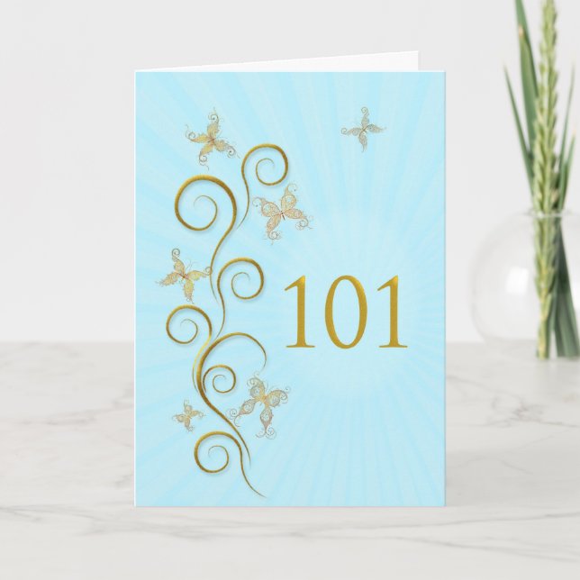 101st Birthday with golden butterflies Card (Front)