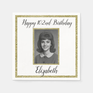 102nd Birthday Napkins Custom Photo White Gold