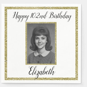102nd Birthday Napkins Custom Photo White Gold