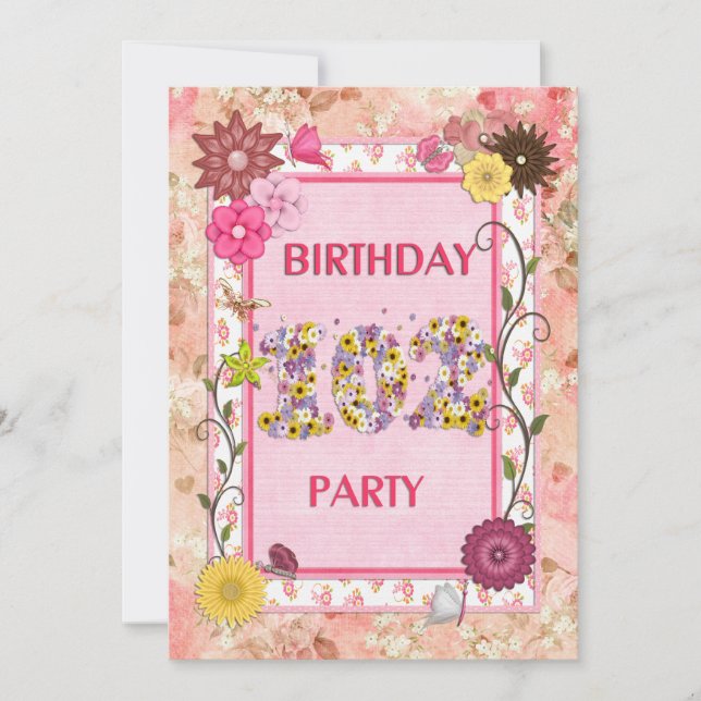 102nd birthday party invitation with floral frame (Front)