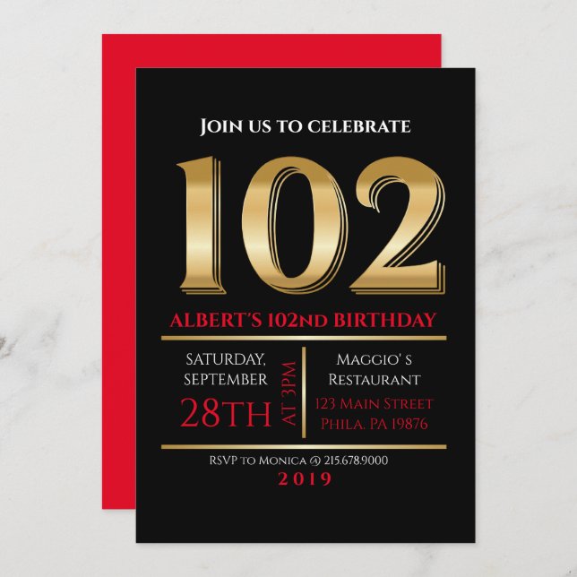 102th Birthday Gold Black Party Invitation (Front/Back)