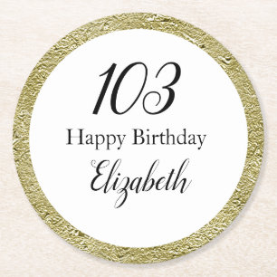 103rd Birthday Black White and Gold Round Paper Coaster