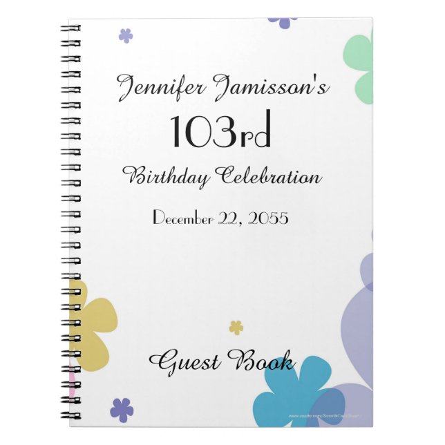 103rd Birthday Party Guest Book, Festive Floral Spiral Notebook (Front)
