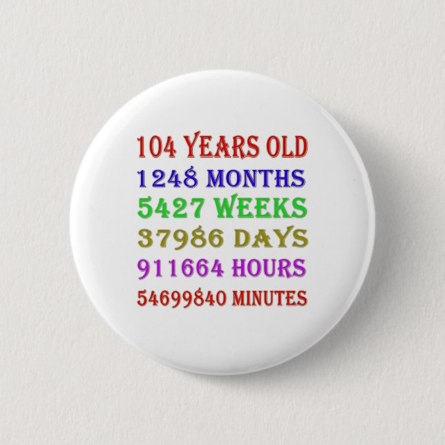 104th  Birthday Milestones 6 Cm Round Badge (Front)
