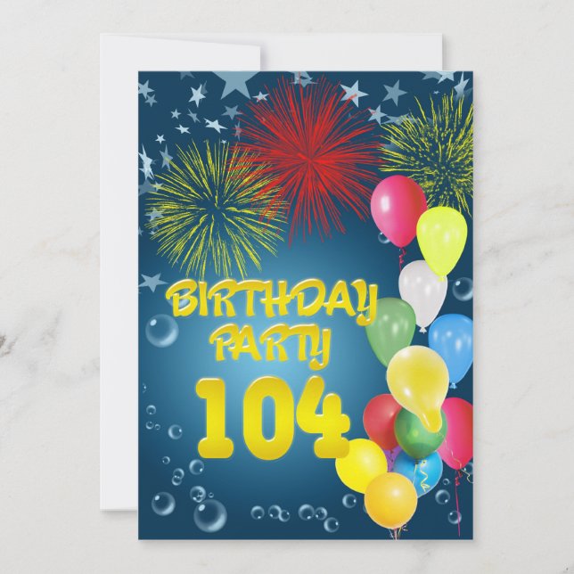 104th Birthday party Invitation with balloons (Front)