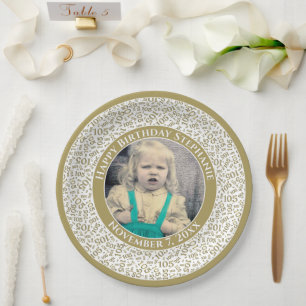 105 Your Photo Random Number Pattern Gold/White Paper Plate