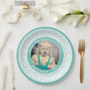 105 Your Photo Random Number Pattern Teal/White Paper Plate