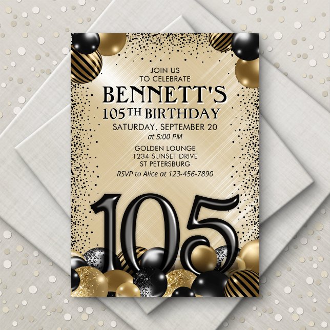 105th Balloons Black Gold Birthday Invitation (Creator Uploaded)