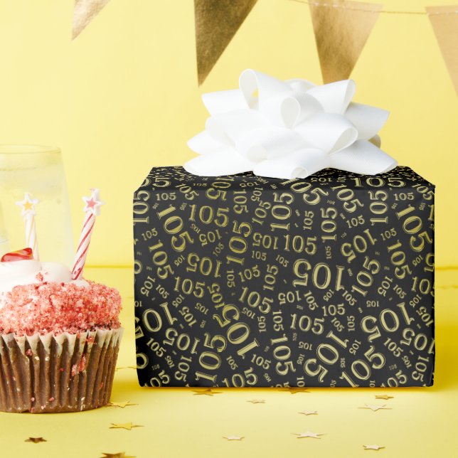 105th Birthday Black/Gold Random Number Pattern Wrapping Paper (Birthday Party)