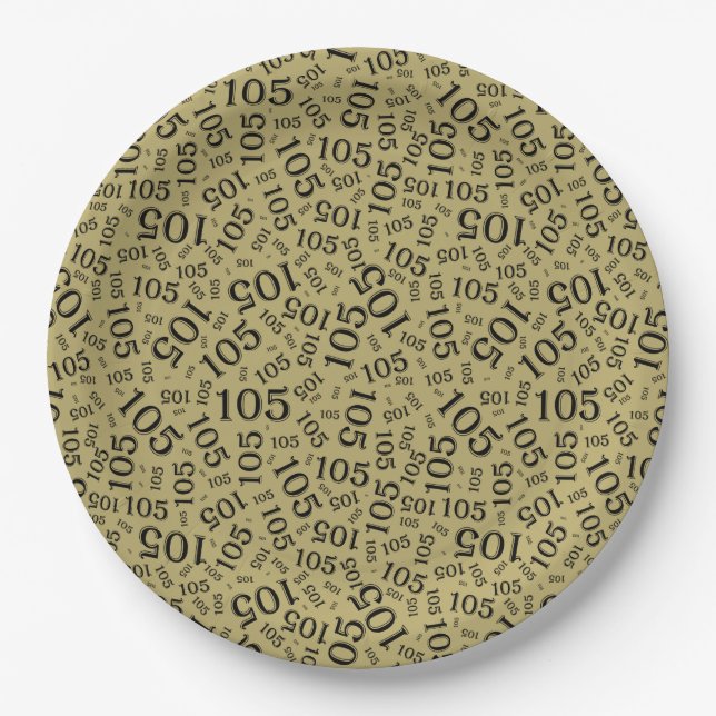 105th Birthday Black/Gold/White Random Pattern Paper Plate (Front)