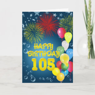 105th Birthday card with fireworks and balloons