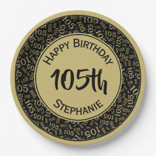 105th Birthday Cool  Number Pattern Black/Gold Paper Plate
