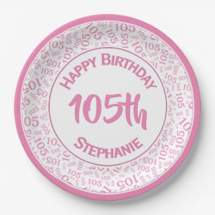 105th Birthday Cool  Number Pattern Pink/White Paper Plate