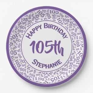 105th Birthday Cool  Number Pattern Purple/White Paper Plate