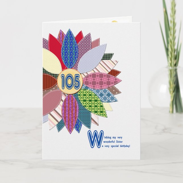 105th birthday for sister, stitched flower card (Front)