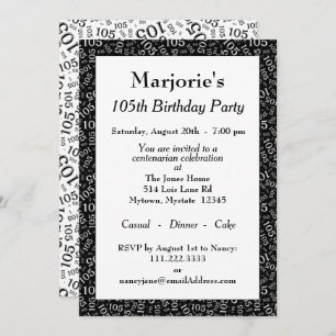 105th Birthday Party Black/White Number Pattern Invitation