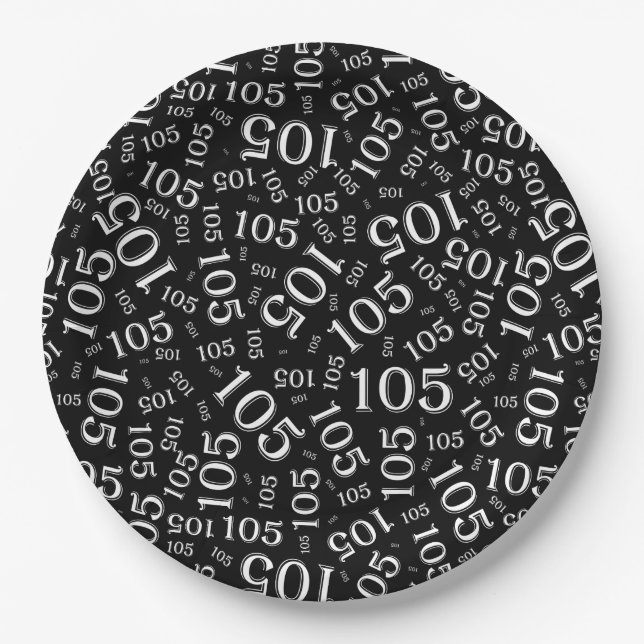105th Birthday Party Black/White Random Pattern Paper Plate (Front)