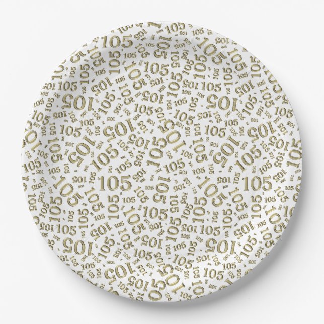 105th Birthday Party Gold/White Random Pattern Paper Plate (Front)