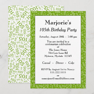 105th Birthday Party Green/White Number Pattern Invitation