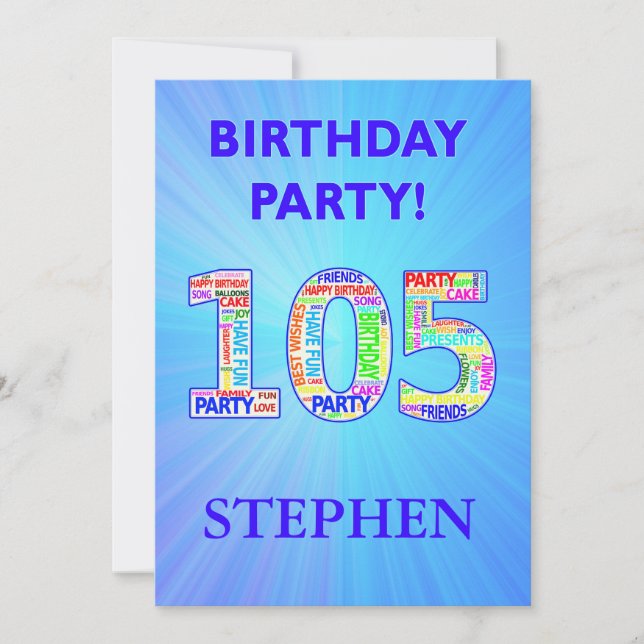 105th Birthday Party Invitation  Words in Letters (Front)