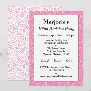 105th Birthday Party Pink/White Number Pattern Invitation