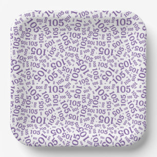 105th Birthday Party Purple/White Random Pattern Paper Plate