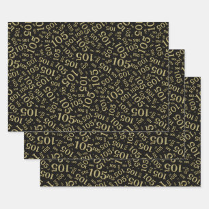 105th Birthday Random Number Pattern Black/Gold Wrapping Paper Sheet