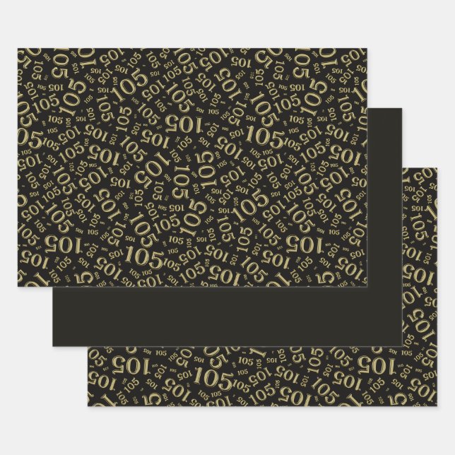 105th Birthday Random Number Pattern Black/Gold Wrapping Paper Sheet (Set)