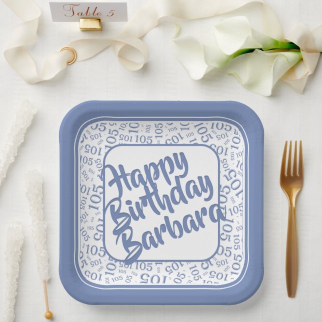 105th Birthday Random Number Pattern Blue/White Paper Plate (Wedding)
